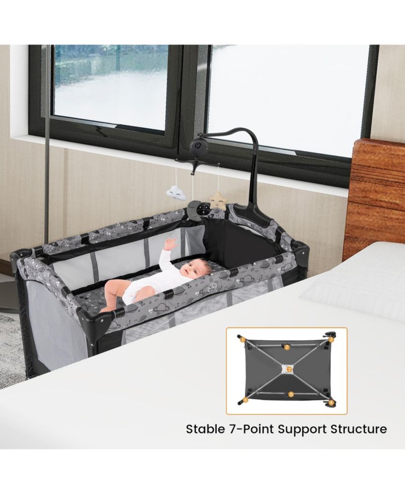 Portable Baby Playard Nursery Center Crib Bassinet w/ Hanging Toys and Music Box
