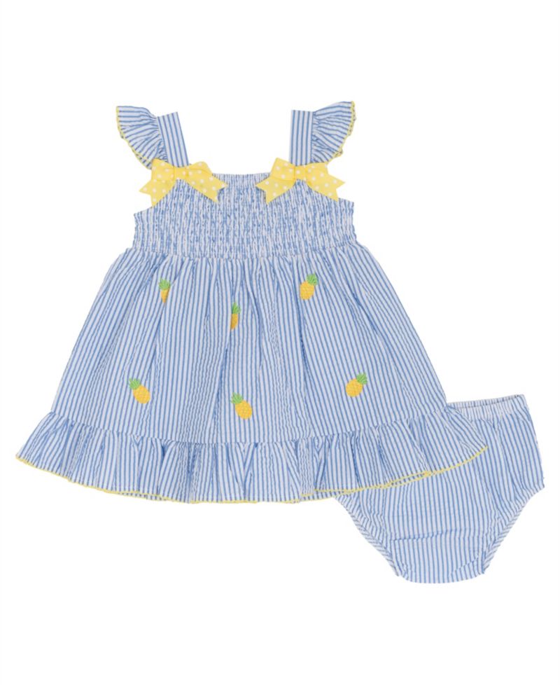 Baby Girls' Pineapple Schiffli Seersucker Square Neck Dress and Panty, 2-Piece Set