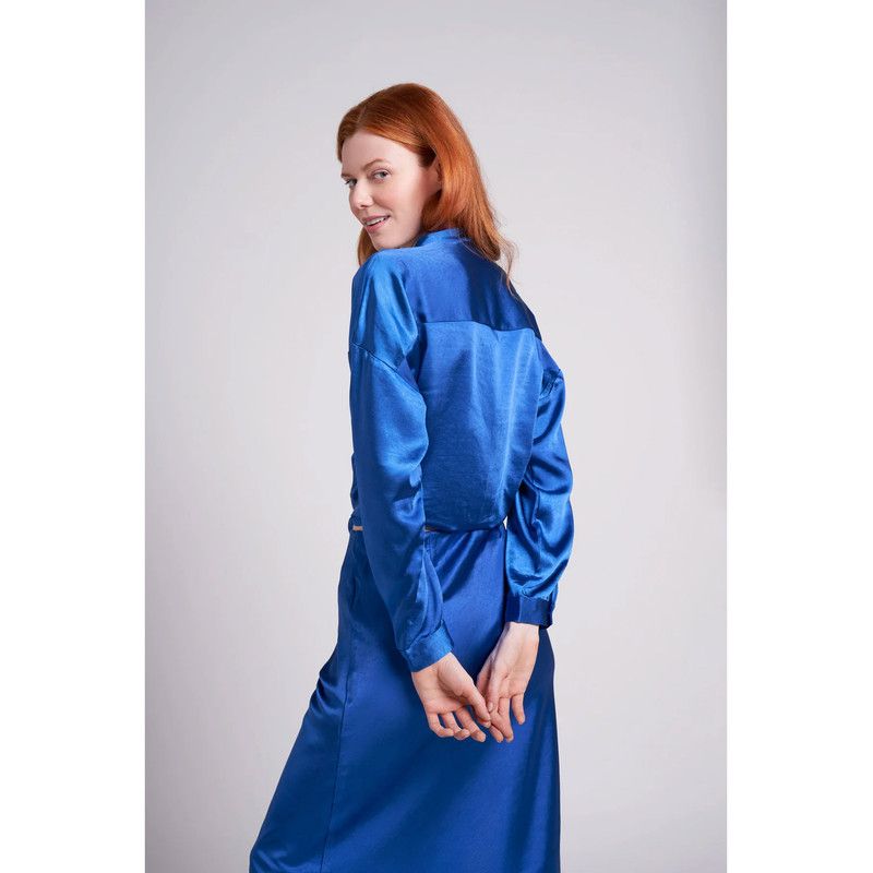 Women's Emma Oversized Crinkled Satin Button and Tie Front Cropped Blouse