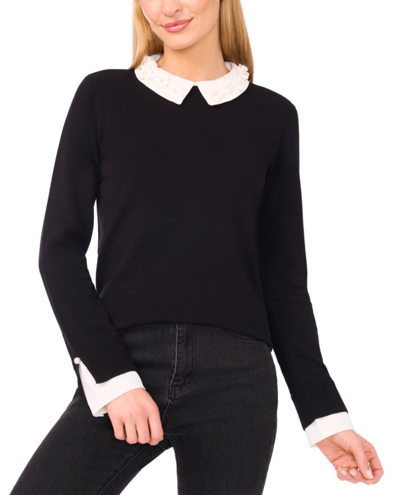 Women's Long Sleeve Woven Collar Neck Pullover Sweater