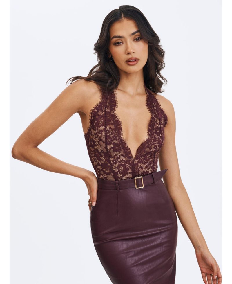 Women's Fiera Mahogany Plunging Halter Belted Midi Dress