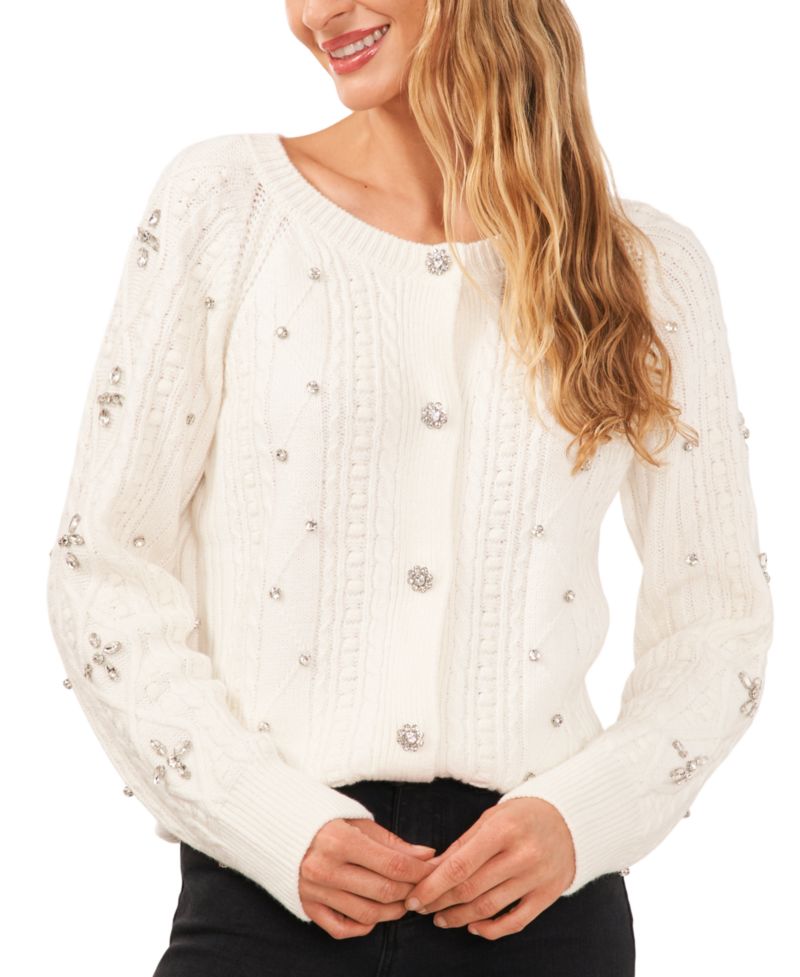 Women's Cable-Knit Rhinestone Cardigan