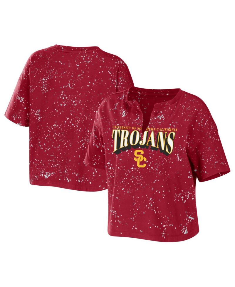 Women's Cardinal USC Trojans Bleach Wash Splatter Cropped Notch Neck T-Shirt