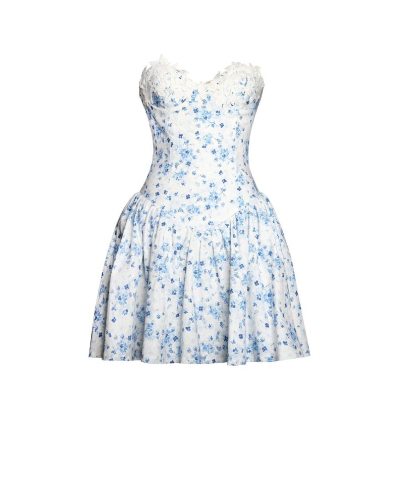 Women's Taleah Blue Floral Print Linen Mini Dress with Lace Trim