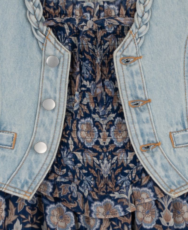 Girls' 7-16 Floral Print Sleeveless Dress and Denim Vest, 2-Piece Set
