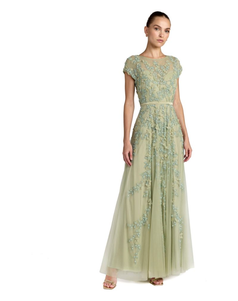 Women's Floral Embellished Short Sleeve Mesh Gown