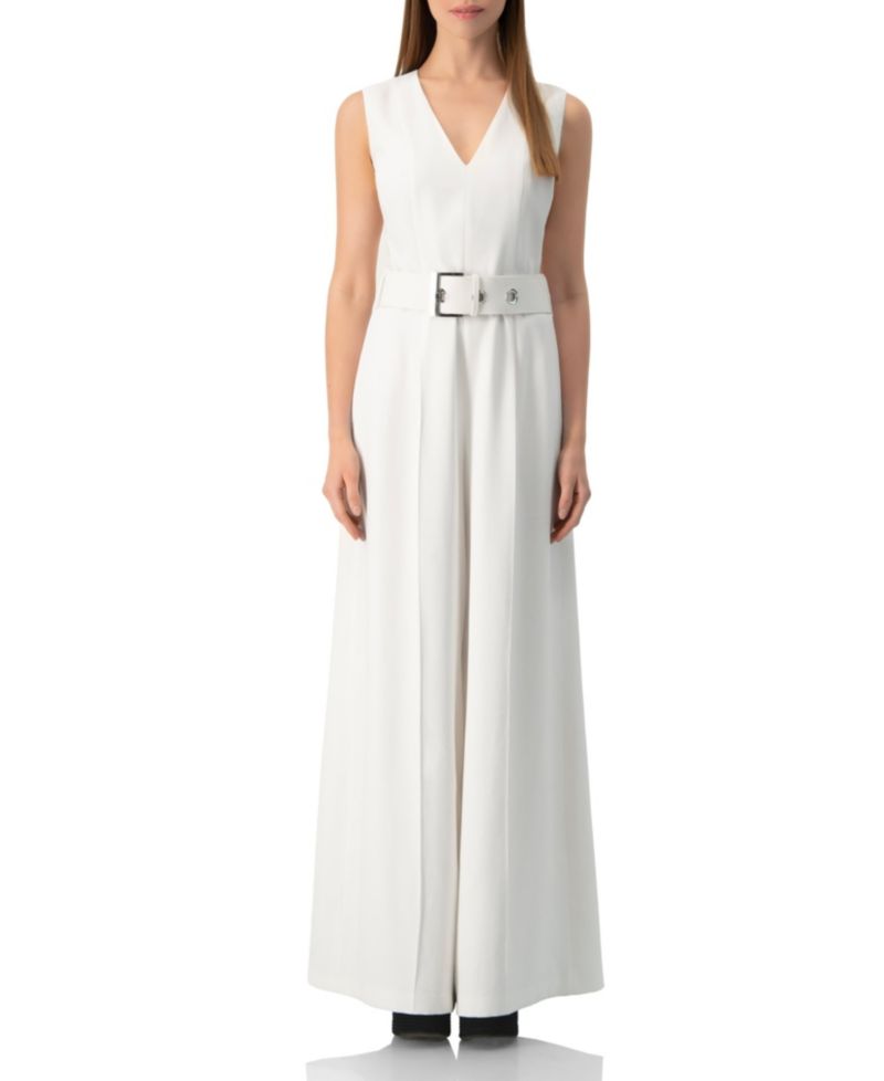 Women's Clean V-Neck Buckle-Belt Wide-Leg Tailored Jumpsuit
