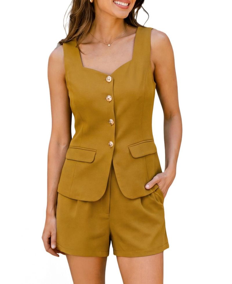 Women's Gentle Tailored Sleeveless Vest Short Co-Ord Square Neckline Vest and Shorts Set