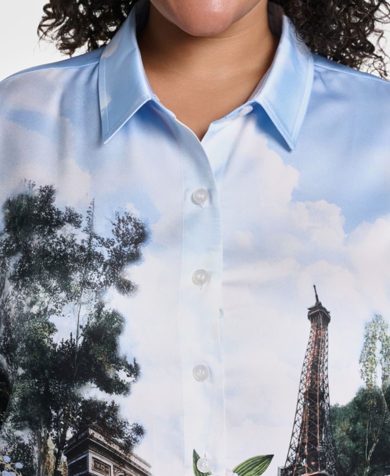 Plus Size City Scene Collared Button-Front Top