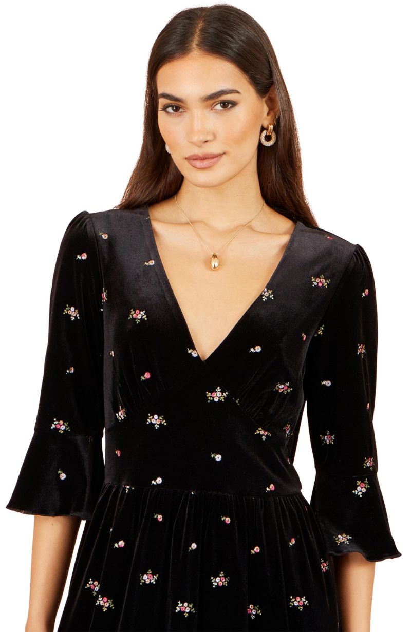 Women's Velvet Embroidered V-Neck Midi Dress