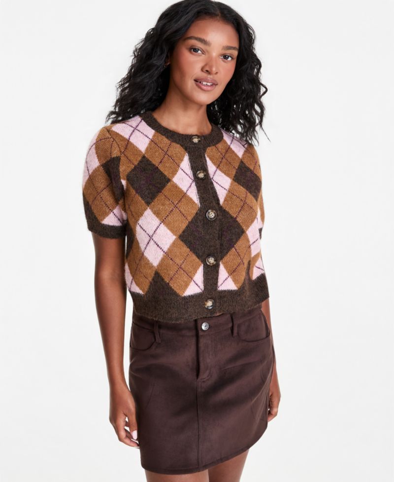 Petite Plaid Short-Sleeve Button-Front Cardigan