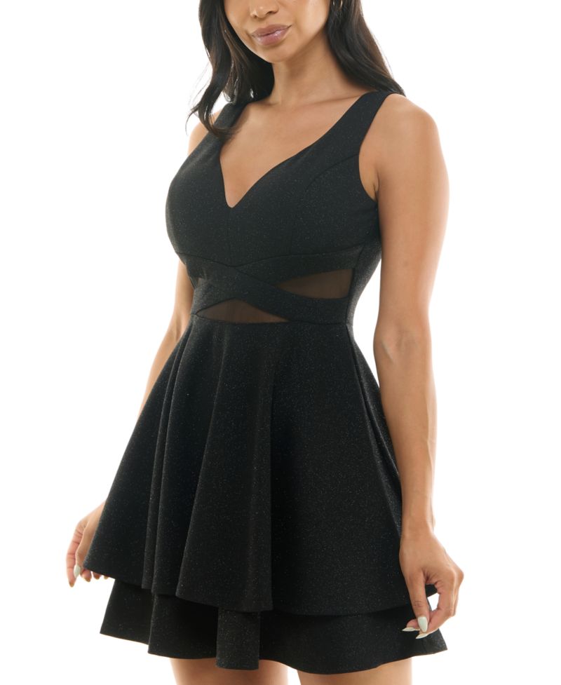 Juniors' Illusion-Waist Glitter A-Line Dress