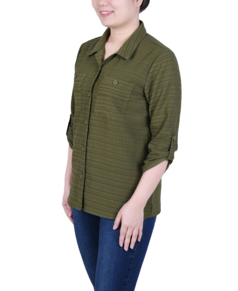 Petite Roll Tab Sleeve Jacquard Top