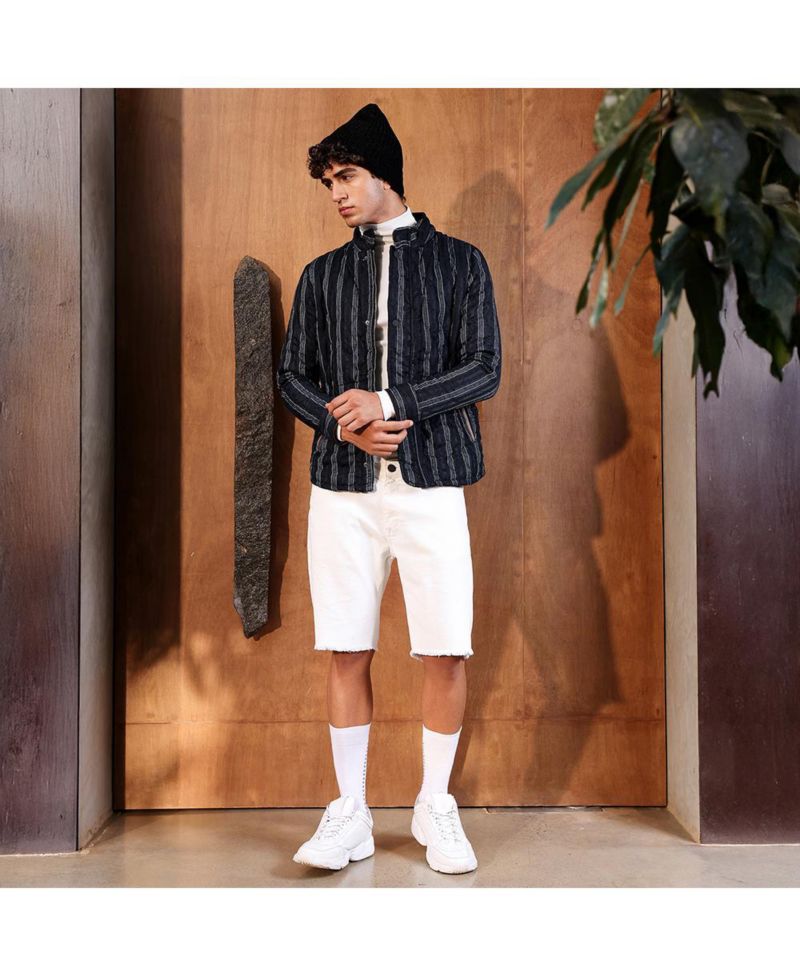 Men's Navy Blue Woven-Striped Quilted Jacket