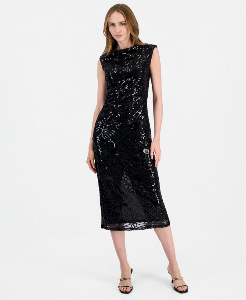 Women's Sleeveless Floral-Sequin Draped-Neck Midi Dress