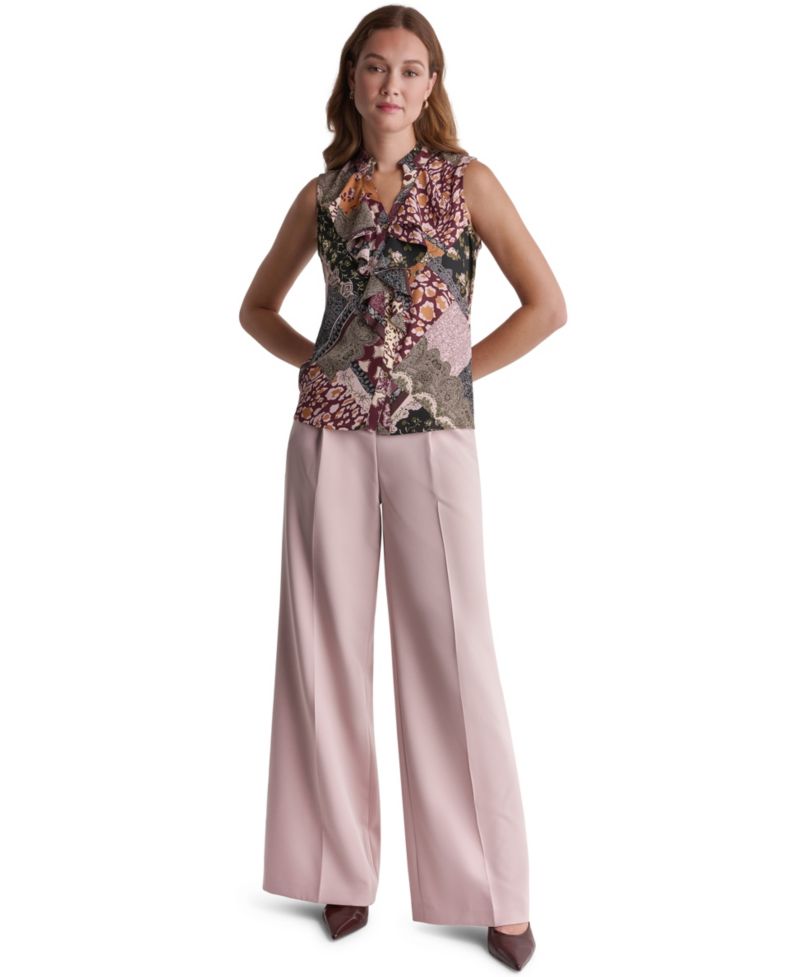 Women's Ruffle Mixed Print Button-Front Blouse