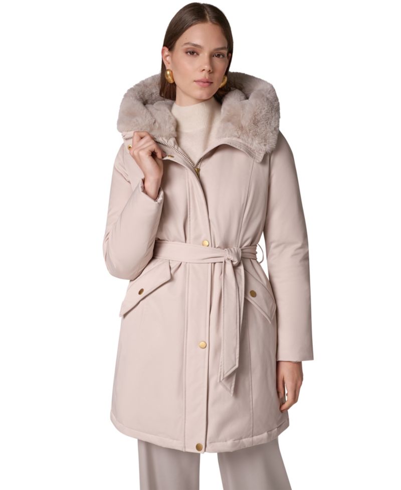 Women's Belted Hooded Mid-Length Puffer Coat