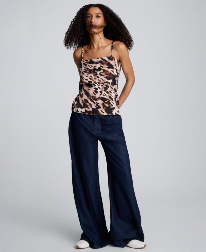 Women's Satin Printed Fold-Over Square Neck Top