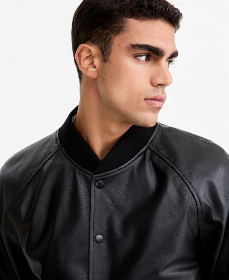 Men's Relaxed-Fit Ribbed Leather Bomber Jacket