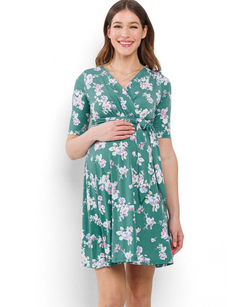 Women's Floral V Neck Wrap Nursing Dress with Tie Waist
