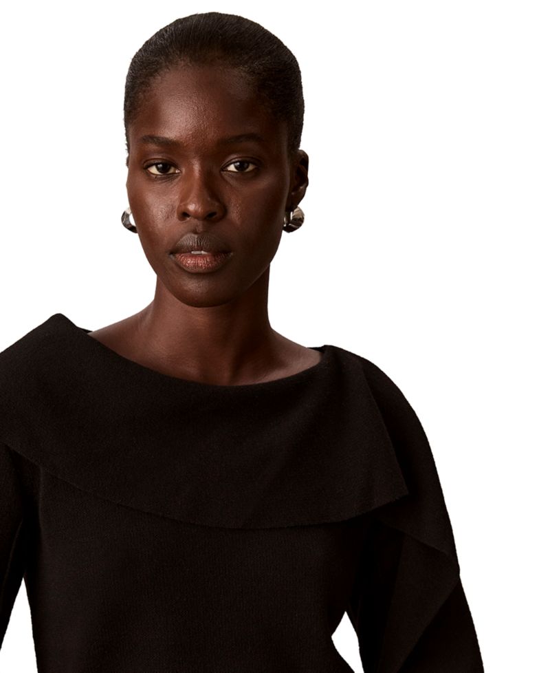 Petite Asymmetrical Drape Boat Neck Long-Sleeve Sweater