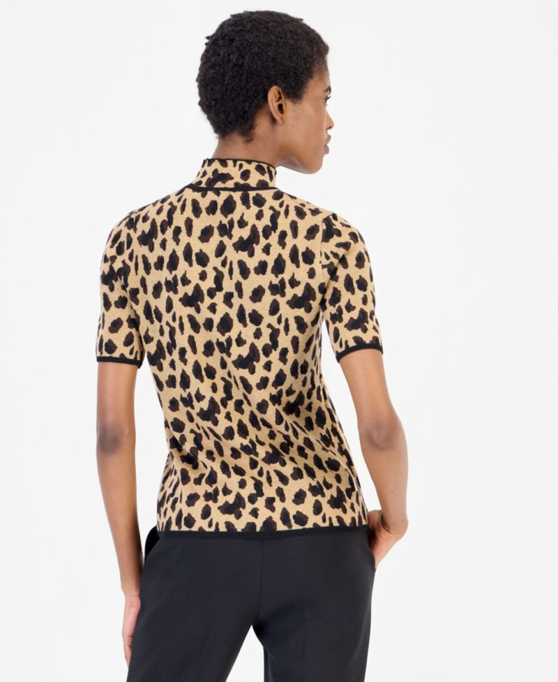 Petite Animal-Print Mock-Neck Short-Sleeve Sweater