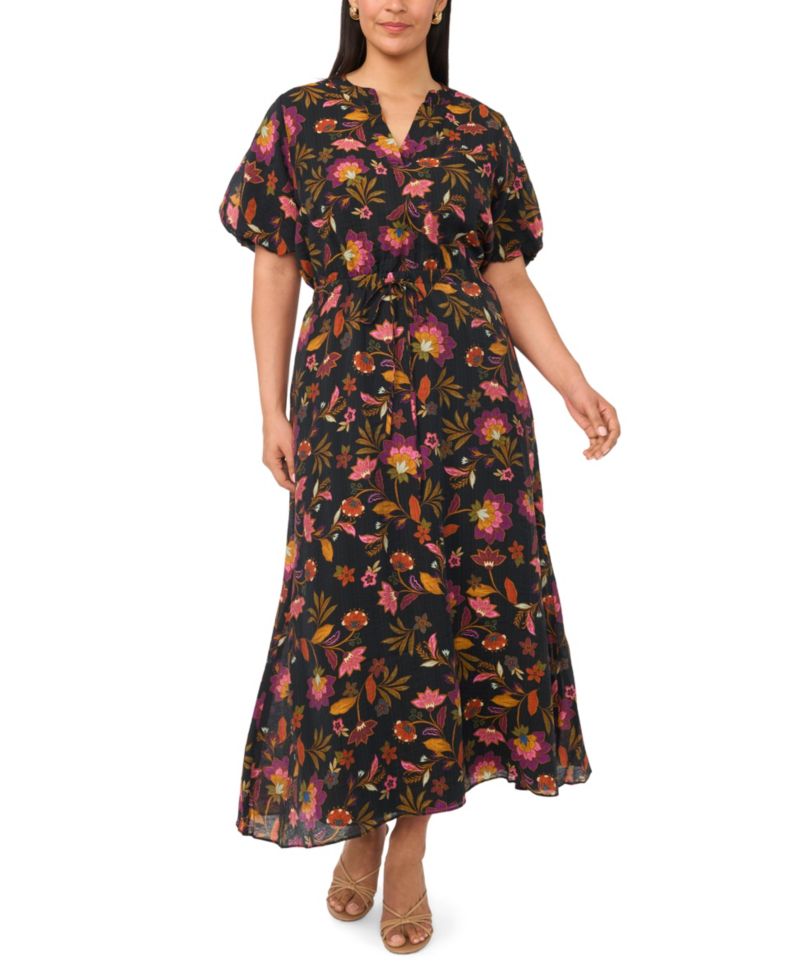 Plus Size V-Neck Puff-Sleeve Self-Tie Waist Maxi Dress