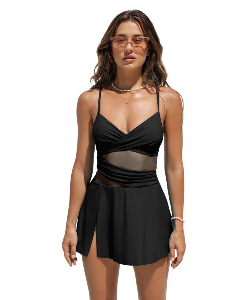 Women's Wrapped Mesh Adjustable Straps One Piece Swim Dress