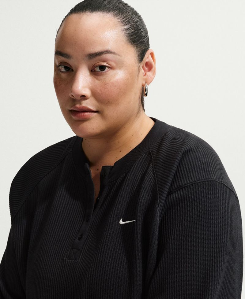 Plus Size Sportswear Chill Waffle Oversized Henley Long-Sleeve Top