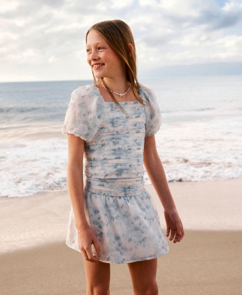 Girls' Emerson Organza Puff-Sleeve Square Neck Top