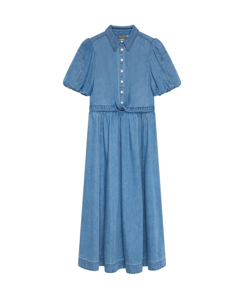 Women's Twist Puff-Shoulder Cotton-Blend Denim Midi Dress