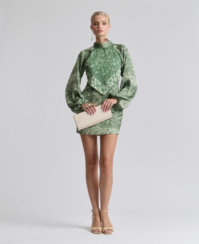 Women's Printed Satin High-Neck Scarf Mini Dress