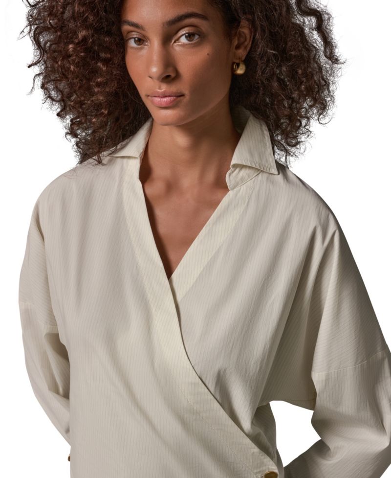 Women's Pinstripe Long-Sleeve Collared V-Neck Blouse