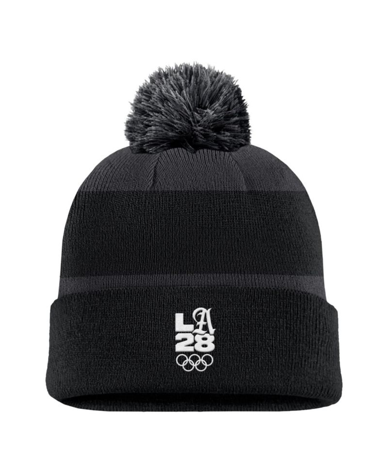 Men's Black LA28 Summer Olympics Script Peak Stripe Cuffed Knit Hat with Pom