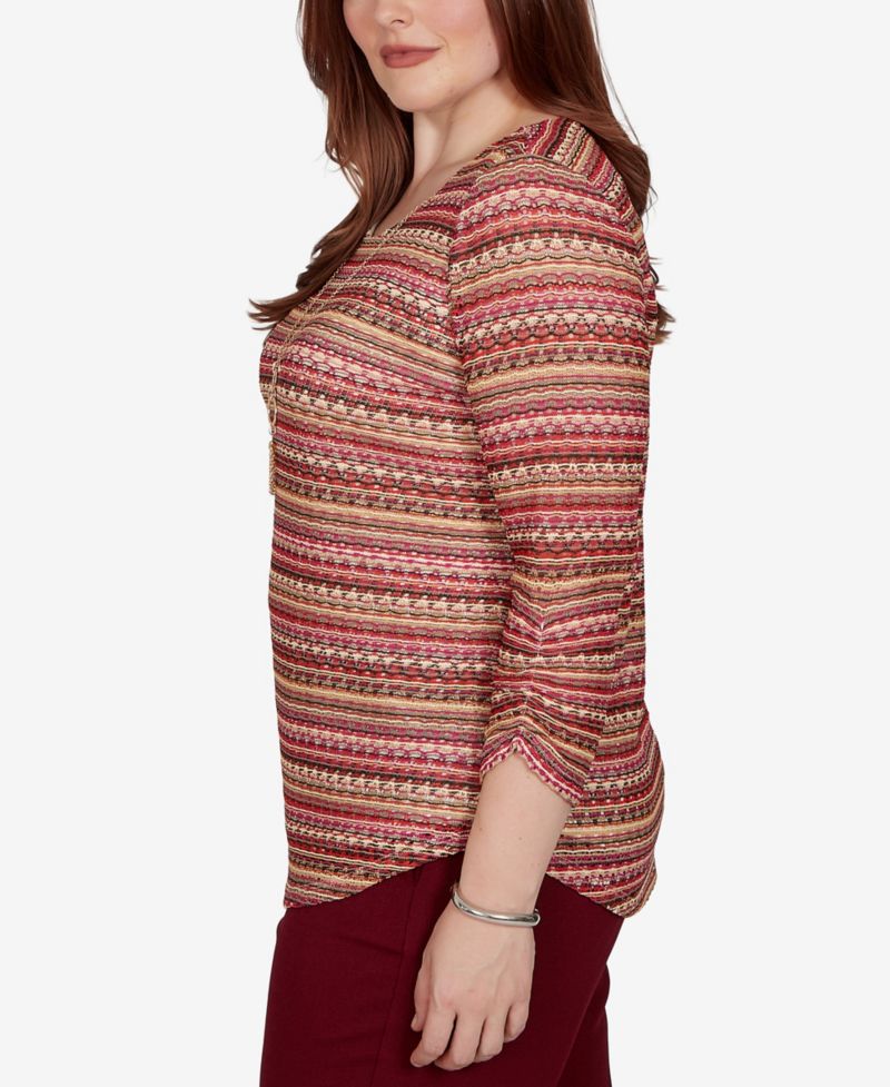 Petite Union Square Spacedye-Stripe 3/4-Sleeve Top with Necklace