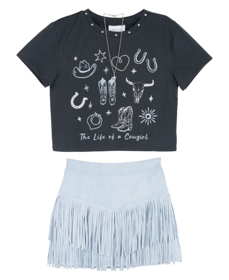Girls' 7-20 Graphic Fringe Cropped T-Shirt, Skirt, and Necklace, 3-Piece Set