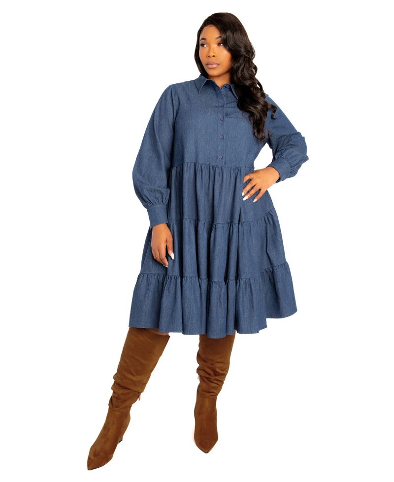 Plus Size Denim Long Sleeve Tiered Shirt Dress