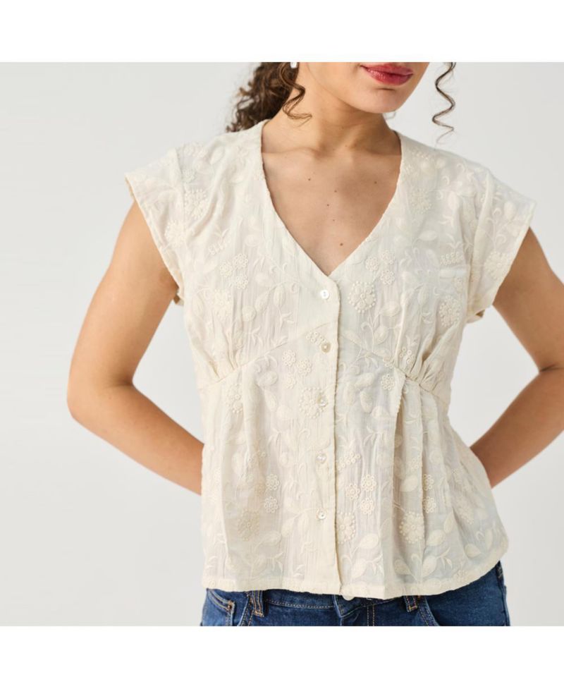 Women's Cream Embroidered Deep V-Neck Top