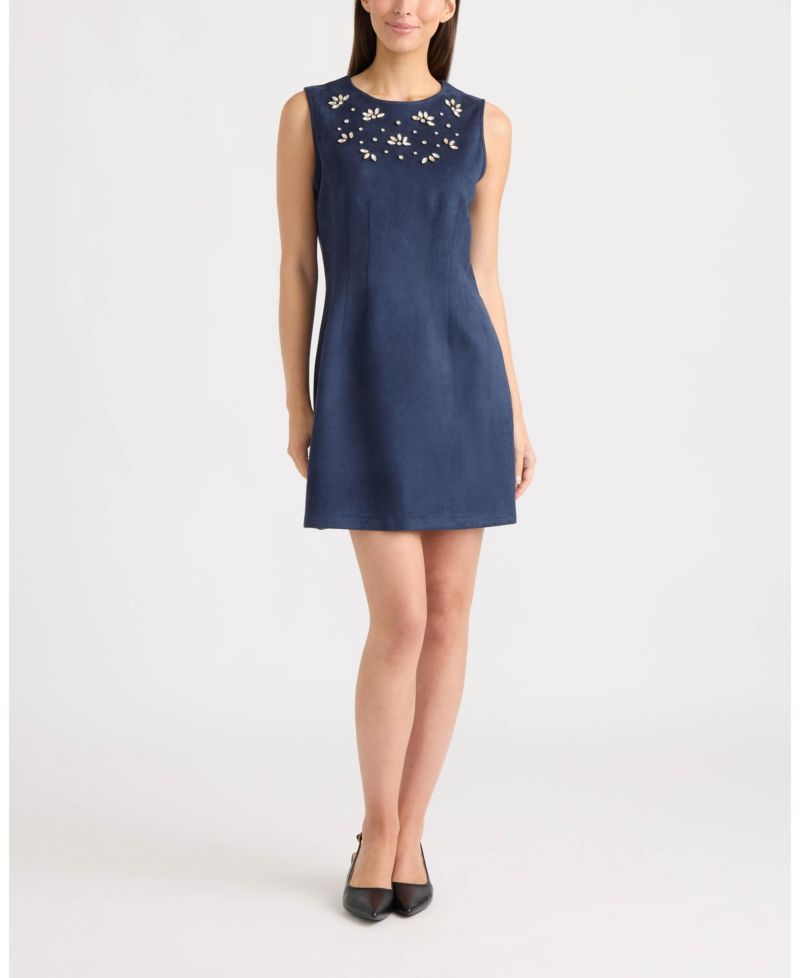 Women's Sleeveless Embellished A-Line Faux Suede Dress