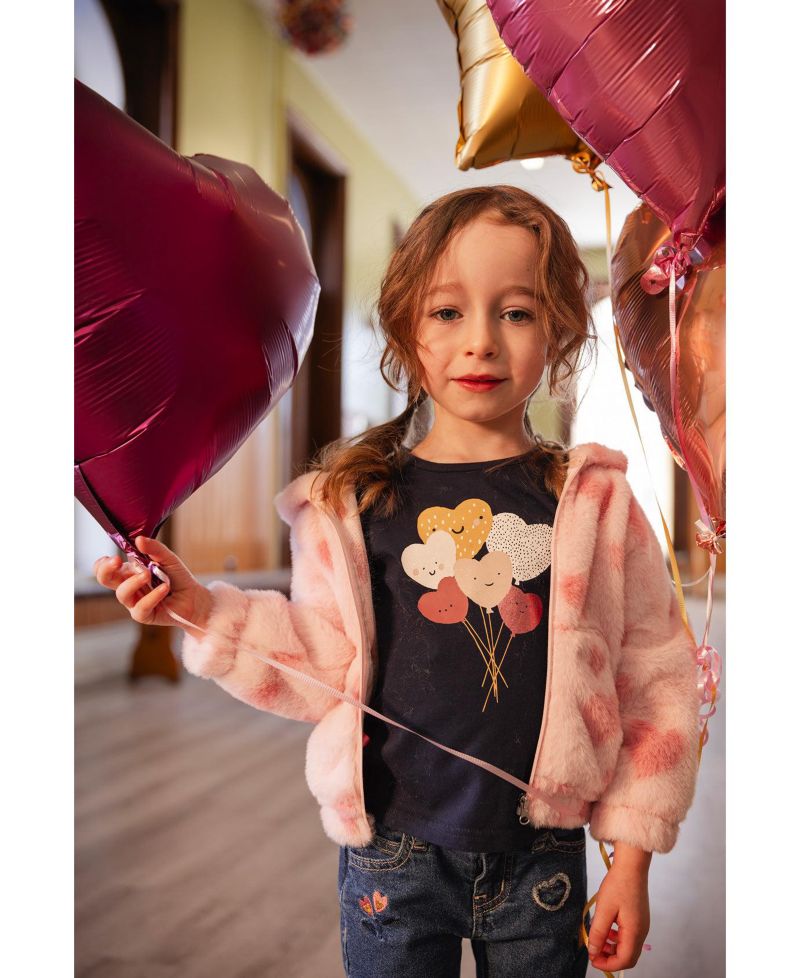 Baby Girl (12M - 24M) Hooded Full Zip Faux Fur Jacket Printed with Hearts