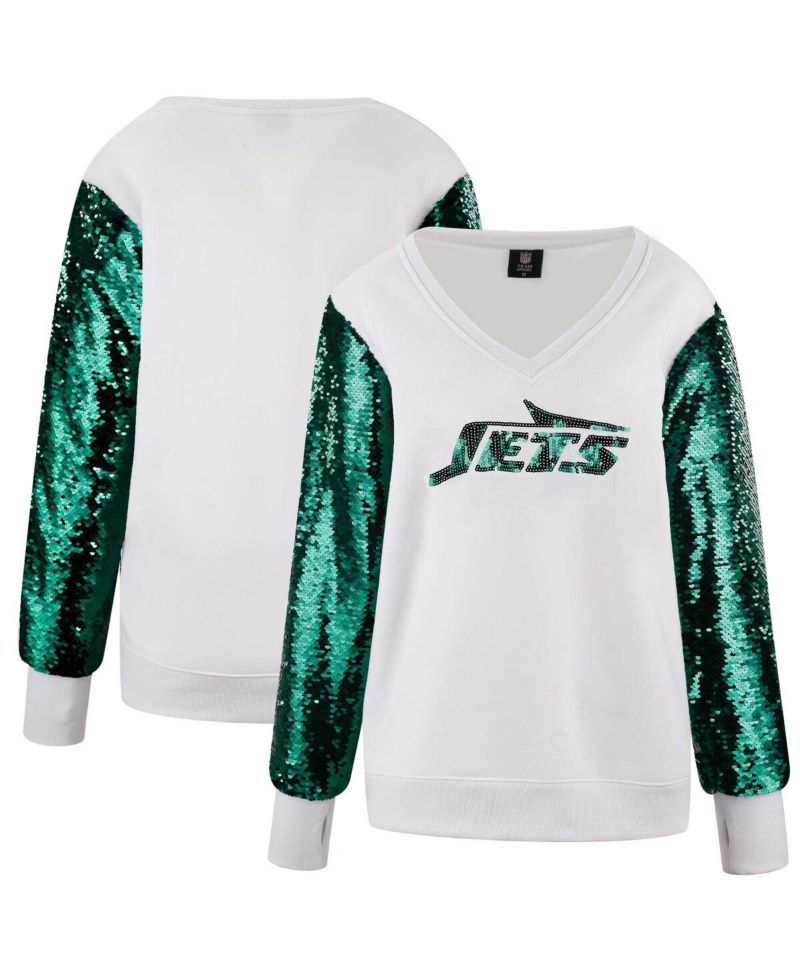 Women's White/Green New York Jets Sequin Sleeve V-Neck Pullover Sweatshirt