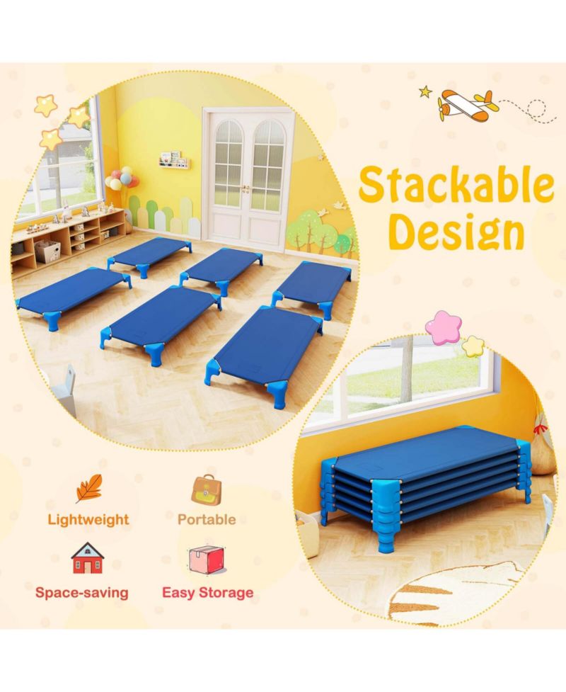 6 Pack Stackable Daycare Cots with Easy Lift Corners Heavy-Duty Metal