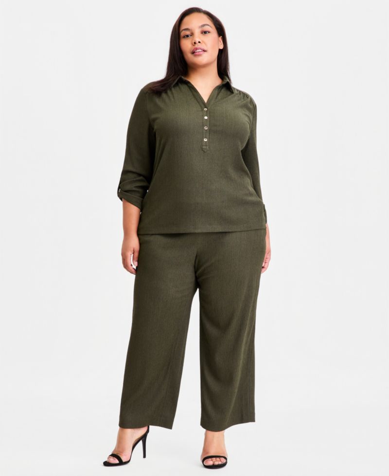 Plus Size Collared 3/4-Sleeve Blouse