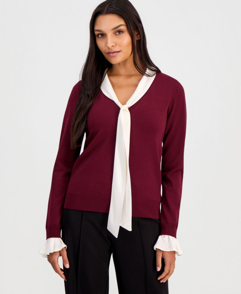 Women's Scarf-Neck Contrast-Trim Sweater