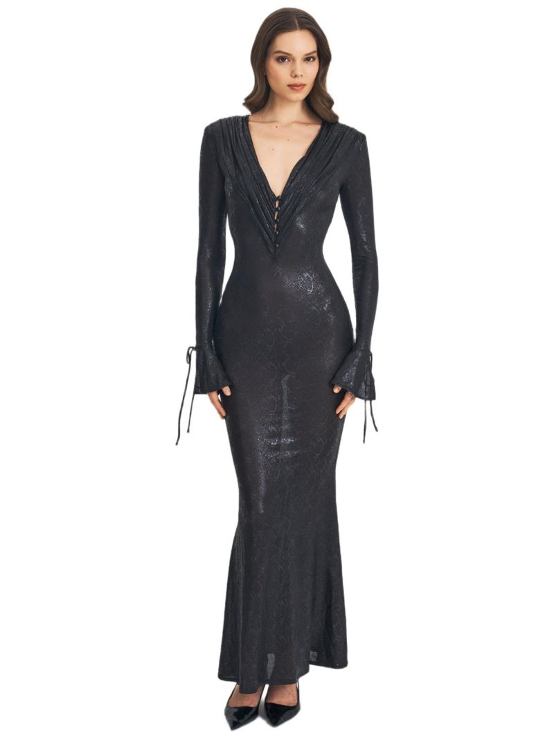 Women's Ilysia Black V-Neck Plunge Snakeskin Mermaid Hem Maxi Dress