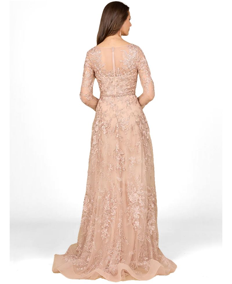 Women's Long Sleeve V-Neck Lace Gown with Beaded Belt