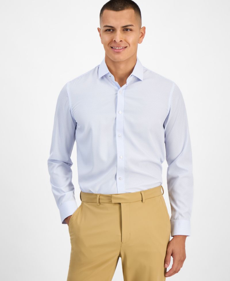 Men's Slim-Fit Performance Four-Way Stretch Mini Plaid Dress Shirt