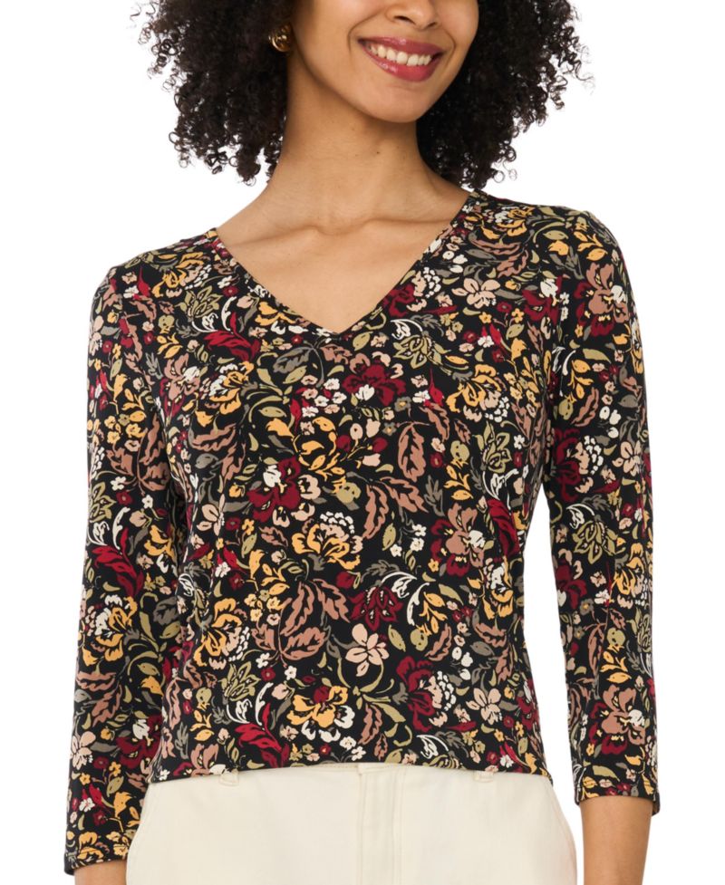 Women's Floral-Print V-Neck 3/4 Sleeve T-Shirt