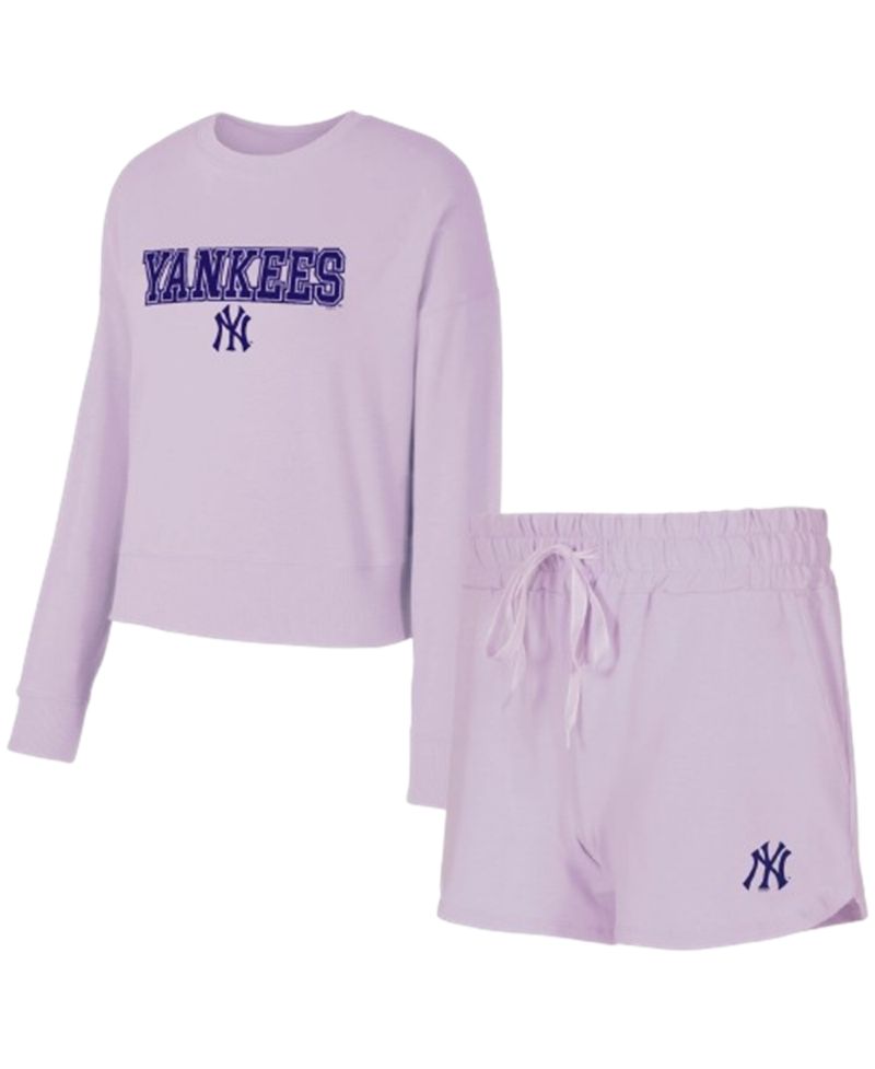 Women's 3-Piece Lavender New York Yankees Elevation Tri-Blend Long Sleeve T-Shirt and Shorts Set