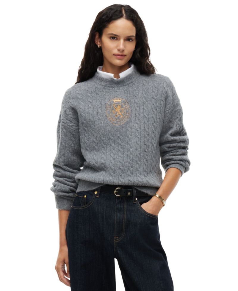 Women's Cable-Knit Crewneck Embroidered Crest Sweater